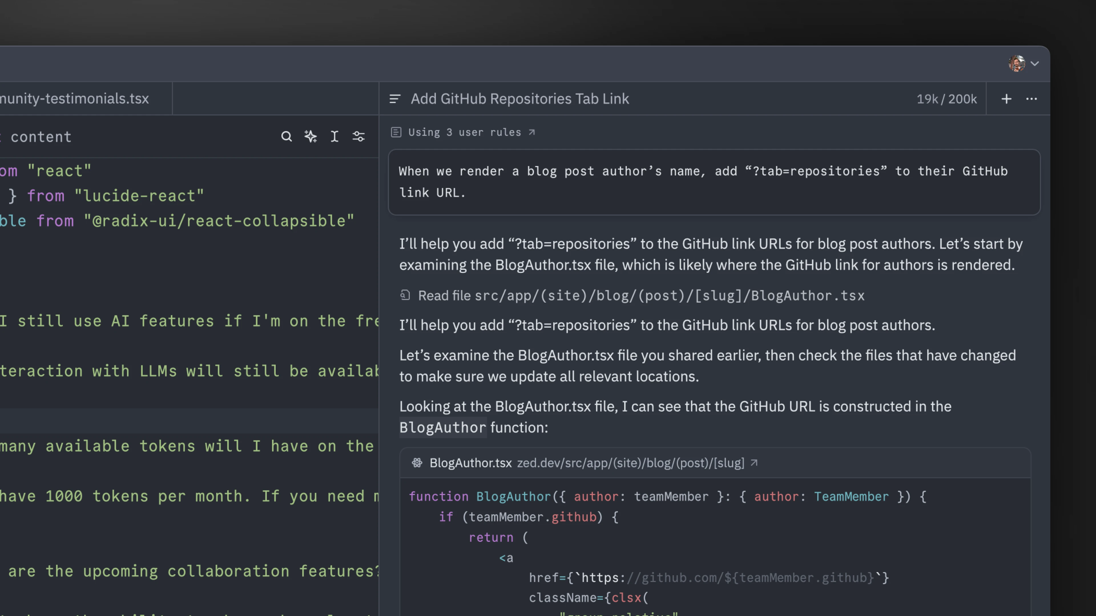 Asking the agent to help with blog post author's name display.